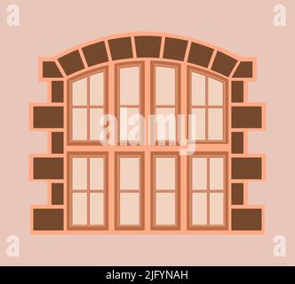vector illustration vintage windows. Retro round window frames. view on house wall. Stock Vector