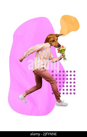 Vertical creative collage portrait of guy dog head walking hand hold fresh flowers isolated on drawing background Stock Photo