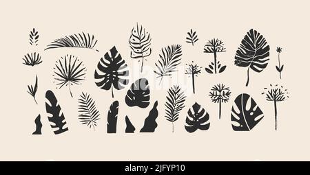 Hand drawn vector abstract stock flat graphic sketch drawing illustrations collection set with logo elements of tropical,black exotic palm leaves Stock Vector