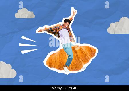 Exclusive minimal magazine sketch collage of funny funky guy riding huge croissant isolated blue color background Stock Photo