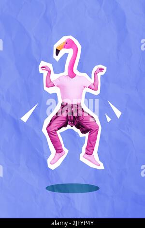 Vertical collage picture of person pink color flamingo head posing imitate walk isolated on creative background Stock Photo