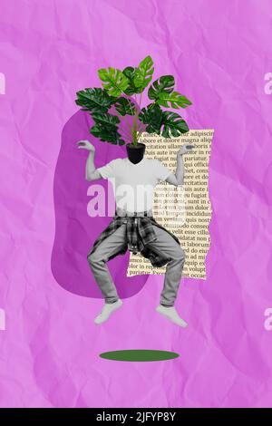 Exclusive minimal magazine sketch collage of funny man plant instead of head dancing jumping isolated pink color background Stock Photo