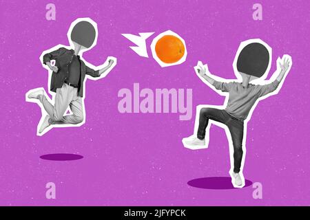 Creative collage image of two people black white gamma ping pong rackets instead head play tennis orange ball isolated on purple background Stock Photo