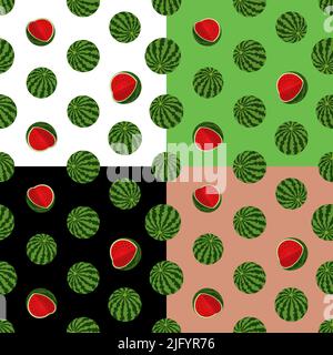 Set of seamless patterns with striped ripe watermelon. Autumn harvest of watermelons. Ornament for decoration and printing on fabric. Design element. Stock Vector