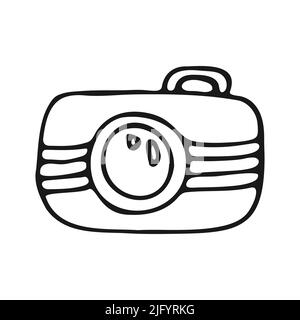 Camera in doodle style. Photographic equipment. Vector outline black and white illustration. Stock Vector