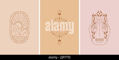 Boho logos. Trendy emblems for astrologer, magician, naturopath, herbalist, tarot reader, spiritual medium, healer, beauty, esoteric, travel, retreat Stock Vector