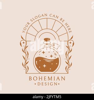Potion boho logo. Trendy emblem for botanical healing, aromatherapy, essential oils, medicinal herbs, homeopathy, natural beauty product, etc. Vector Stock Vector