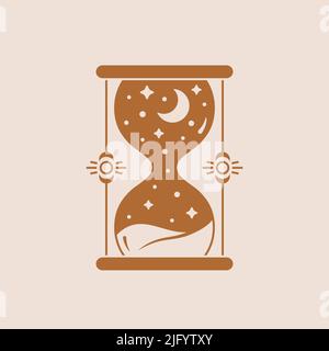 Hourglass logo. Trendy boho illustration with sandglass, moon and stars. Vector isolated esoteric emblem. Stock Vector