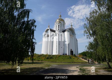 A view of the gold-domed church of St Andrew the First Called in Bucha, where a mass grave was used by Ukrainians to bury neighbours they claim were killed at the hands of Russian armed forces during the invasion of Ukraine. Picture date: Wednesday July 6, 2022. Stock Photo