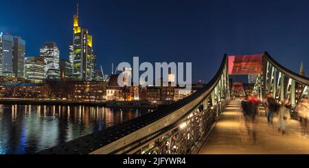 View from Eiserner Steg Bridge across Main River to the skyline of Frankfurt am Main, Hesse, Germany, Europe Stock Photo