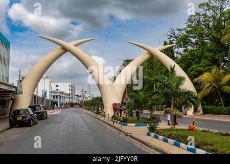 Elephant tusks as monument, Mombasa, Indian Ocean, Kenya, East Africa, Africa Stock Photo