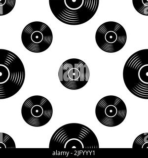 Vinyl Record Icon Seamless Pattern, Music Phonograph Disc Vector Art Illustration Stock Vector