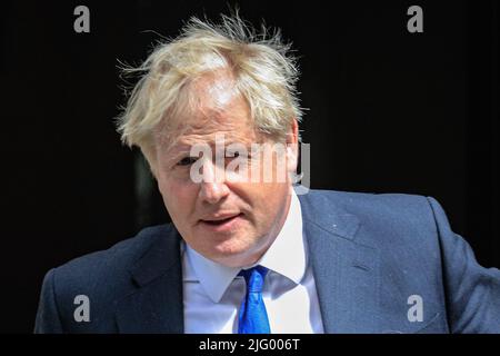 London, UK. 06th July, 2022. Boris Johnson, MP, British Prime Minister, exits 10 Downing Street for PMQs at Parliament today. He has been put under pressure following several high profile resignations. Credit: Imageplotter/Alamy Live News Stock Photo