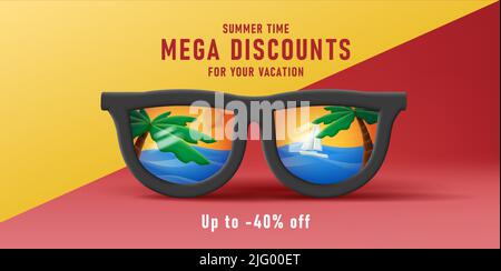 Discount poster with 3d sunglasses illustration with reflection of palms and beach. Vector illustration Stock Vector
