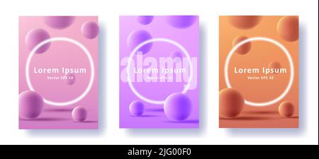 Set of posters for product promo with neon circle and 3d spheres. Vector illustration Stock Vector