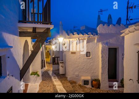 View of Binibeca Vell at dusk, Binibeca Vell, Menorca, Balearic Islands, Spain, Mediterranean, Europe Stock Photo