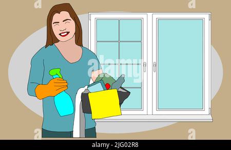 Woman making window cleaning. Flat style vector illustration isolated. Stock Vector