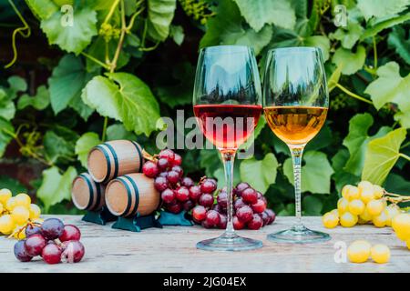 Winery concept. Glasses of white and red wine with miniature wine barrels on the wooden table with grape berries on background of vineyards. Wine tast Stock Photo