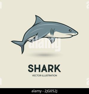 Vector Cartoon Shark Isolated. Hand Drawn Colored White Shark with Contour. Ocean Predator. Marine, Ocean, Sea Animals. Shark Character Design for Stock Vector