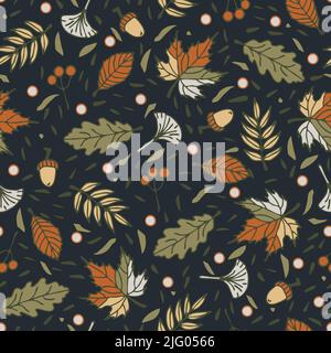 Seamless vector pattern with autumn leaves on dark blue background Simple seasonal wallpaper design. Decorative colourful forest fashion textile. Stock Vector