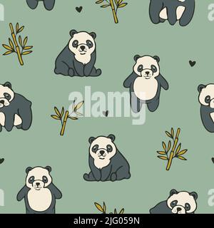 Seamless vector pattern with cute pandas on green background. Simple cartoon animal wallpaper design. Decorative teddy bear fashion textile. Stock Vector