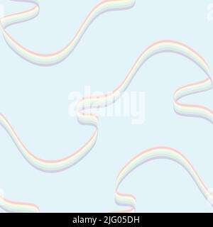Seamless vector pattern with flowing pastel rainbow on blue background. Simple wavy ribbon wallpaper design. Decorative 3d fashion textile. Stock Vector