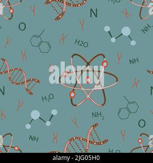 Seamless vector pattern with DNA and atom on green background. Simple science wallpaper design. Decorative chemistry fashion textile. Stock Vector