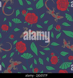 Seamless vector pattern with lizard and roses on blue background. Wallpaper design with  gecko and flowers. Animal love fashion textile. Stock Vector