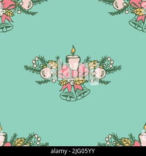 Seamless vector pattern with Christmas candle and pine branch on green background. Simple winter celebration wallpaper design. Stock Vector