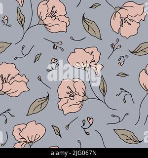 Seamless vector pattern with gentle flowers on blue background. Romantic floral wallpaper design. Beautiful vintage fashion textile. Stock Vector