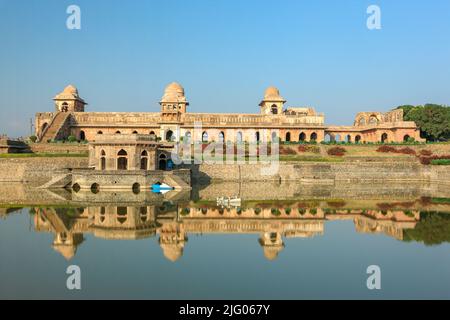 Mandu, 15,February,2010 : Historical Jahaz Mahal ,Ship Palace,15th Century ,reflected in Kapur Tank , Mandu, District Dhar, Madhya Pradesh, India Stock Photo