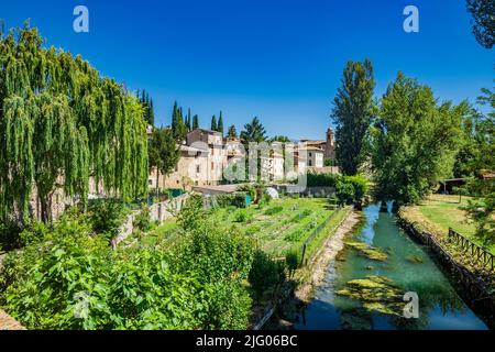 The Chiasco river that crosses the ancient medieval village of Bevagna. Perugia, Umbria, Italy. Trees, vegetation, cultivated gardens. Green algae on Stock Photo