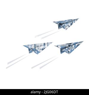 Air attack concept. Three paper camouflage military planes in the sky. Vector illustration isolated on white background. Army aircraft.  Stock Vector