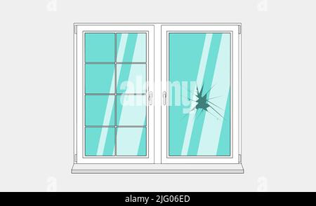 Window broken with cracked glass vector illustration. Cartoon window on brick wall building facade design element Stock Vector