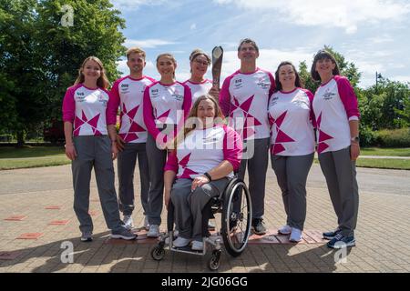 Windsor, Berkshire, UK. 6th July, 2022. The Birmingham 2022 Queen's Baton Relay in Alexandra Gardens in Windsor today. The next stop for the relay is the Isle of Wight. Credit: Maureen McLean/Alamy Live News Stock Photo