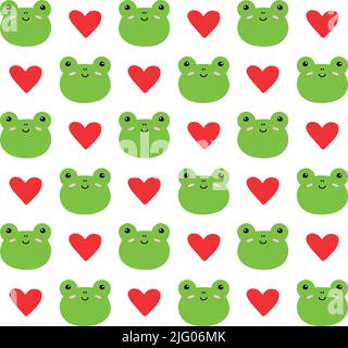 Vector seamless pattern of flat hand drawn frog face with hearts isolated on white background Stock Vector