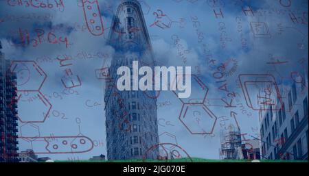 Image of chemical formulas on cityscape background Stock Photo