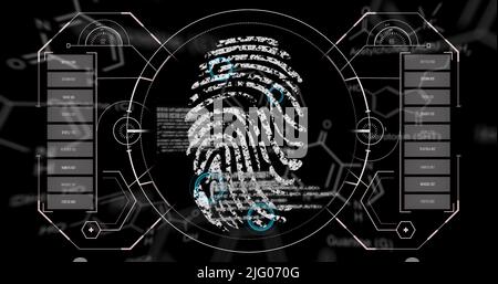 Image of chemical formulas and data processing over fingerprint on black background Stock Photo