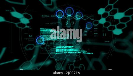 Image of chemical formulas and data processing over fingerprints on black background Stock Photo