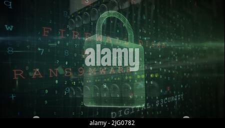 Image of changing numbers and letters over online security padlock Stock Photo