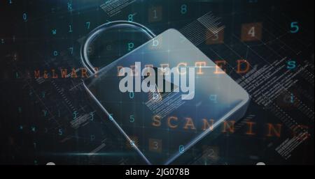 Image of changing numbers and letters over online security padlock Stock Photo