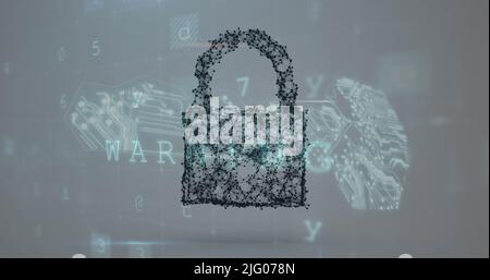 Image of changing numbers and letters over online cloud and security padlock Stock Photo