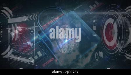 Image of charts, processor and inline security padlock on dark background Stock Photo