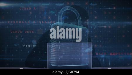 Image of changing numbers, letters and padlock over hacker using computer Stock Photo