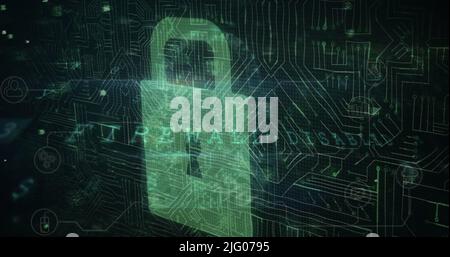 Image of changing numbers and letters over online security padlock Stock Photo