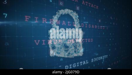Image of changing numbers and letters over online security padlock Stock Photo