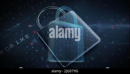 Image of changing numbers and letters over online security padlock Stock Photo