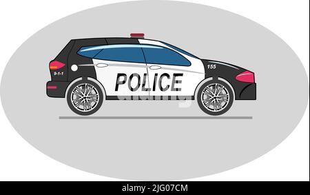 Black police car icon. City patrol transport isolated on the white background. Flat style. Stock Vector