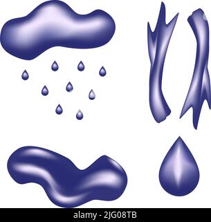 A set of abstract realistic graphic elements in trendy bright saturated blue, such as cloud, raindrops, puddle, drops, waves. Vector 3d illustration. Sticker. Lifestyle Stock Vector
