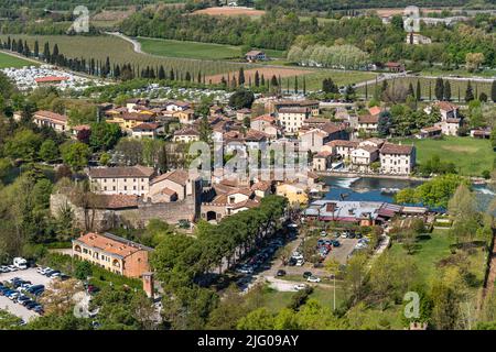 Aerial view of Borghetto sul Mincio, hamlet of Valleggio sul Mincio and one of the most beautiful villages in Italy, Veneto region Stock Photo